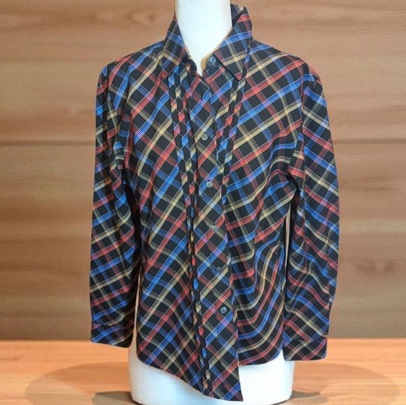 Foxcroft Blouse Wrinkle Free Shaped Fit Multi Plaid Button Front Top Sz 16 - Picture 1 of 8